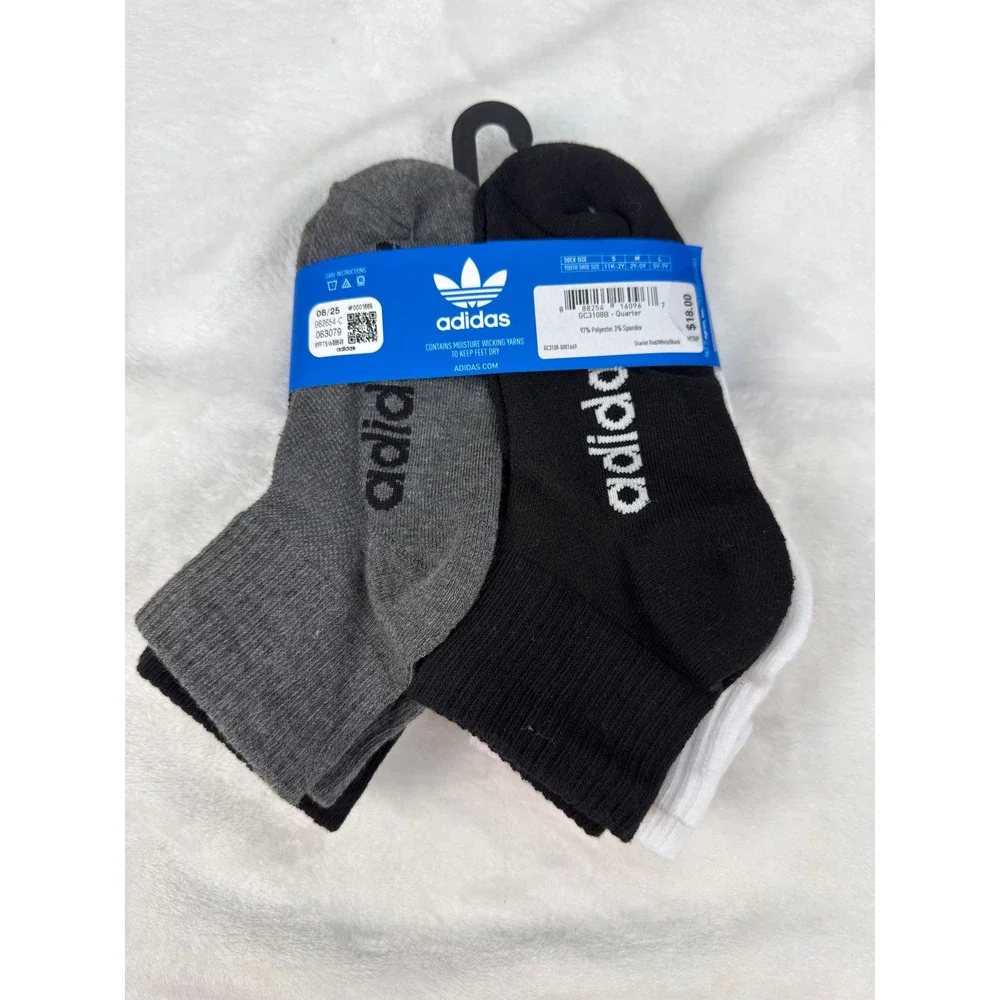 Adidas Originals Kids 6 Pair Trefoil Quarter Socks Red White Black Grey 2Y-5Y M